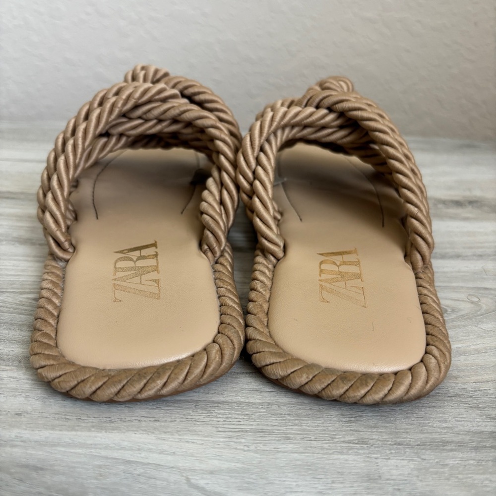 Zara Low Heeled Knotted Rope Flat Nude Sandals Size 37 - Picture 4 of 7